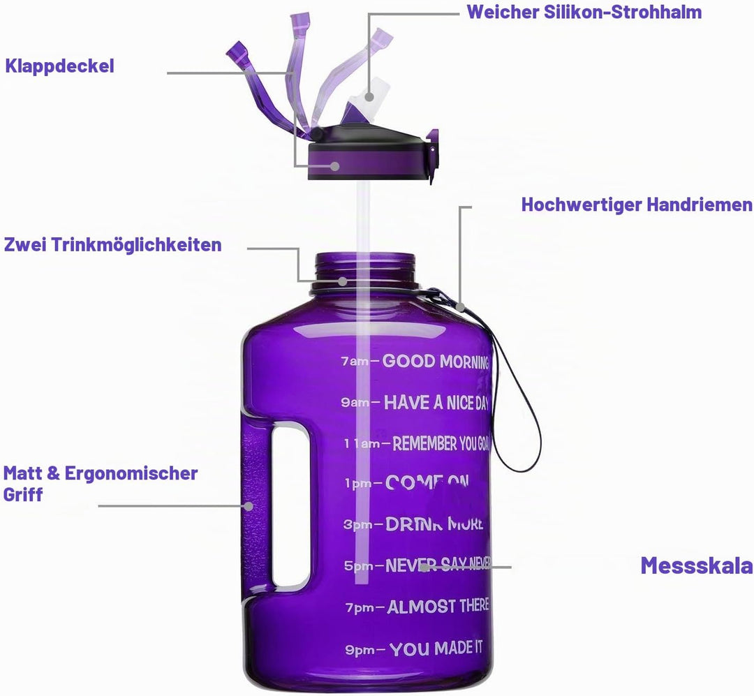 3,78 Liter Trinkflasche Sport mit Zeitangaben und Strohhalme, 3,78L Gross Sportflasche BPA Frei, Aut