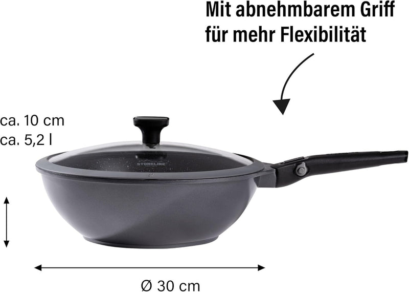 Stoneline Imagination Plus Wok 30 cm, mit Glasdeckel und abnehmbarem 3-Stufen-Sicherheitsgriff, Wokp