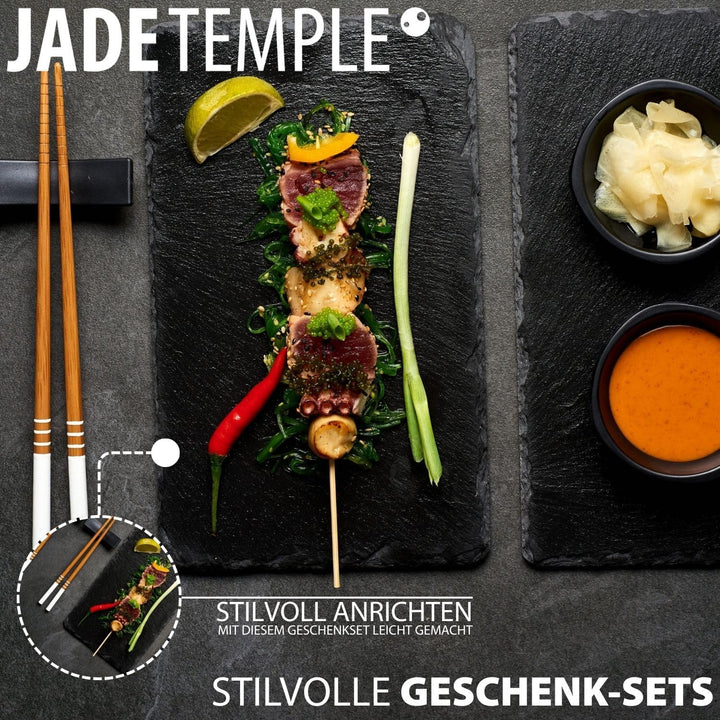 JADE TEMPLE Sushi Set für Zwei Personen - Holz, Schwarz, Schieferbrett, Schale, Bank, Essstäbchen