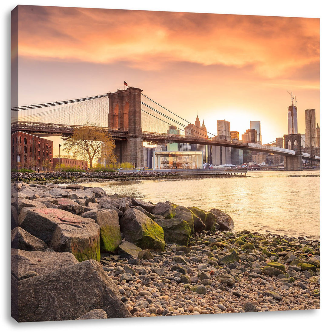 Pixxprint Brooklyn Bridge Sonnenuntergang als Leinwandbild/Grösse: 70x70 cm/Wandbild/Kunstdruck/fert