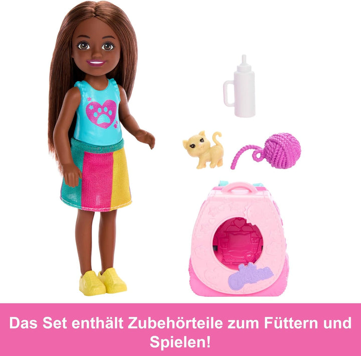 BARBIE Family & Friends Spielspass-Katzenrucksack brünette Chelsea-Puppe und Zubehör, einschliesslic