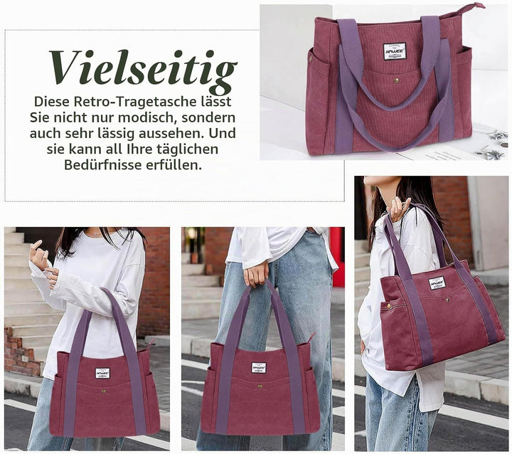 HAWEE Canvas Damen Handtasche Shopper Tote Bag Grosse Schultertasche mit Reissverschluss Umhängetasc