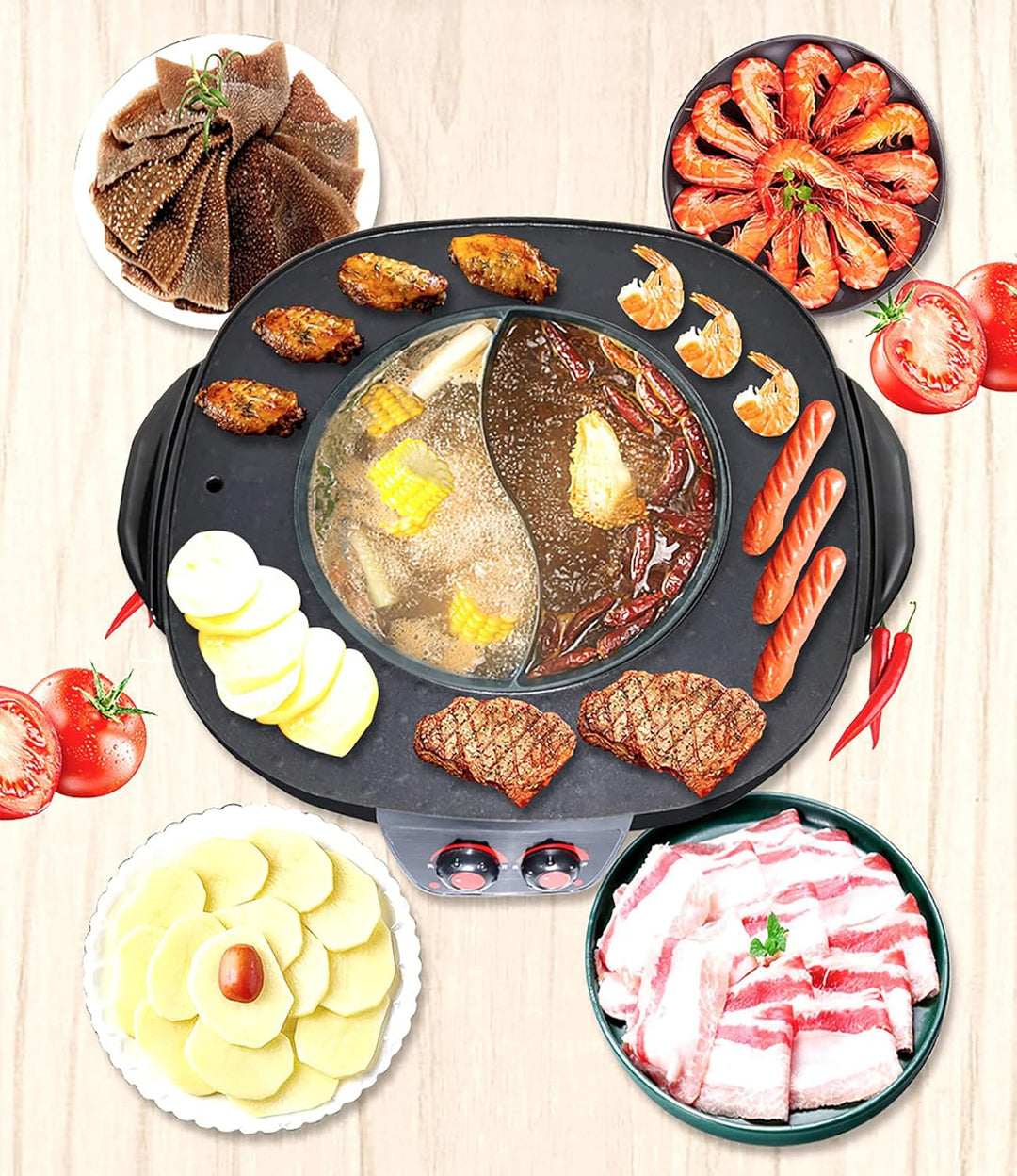 2 In 1 Hotpot und Grill,Multifunktions Hot Pot Und Bbq Tischgrill,Non Stick Rauchloser Temperatur Ei