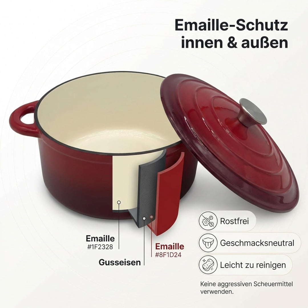 Homira Emaille Gusseisen Topf Bräter Schmortopf Ø 26 cm – Ideal für alle Herdarten, Rot