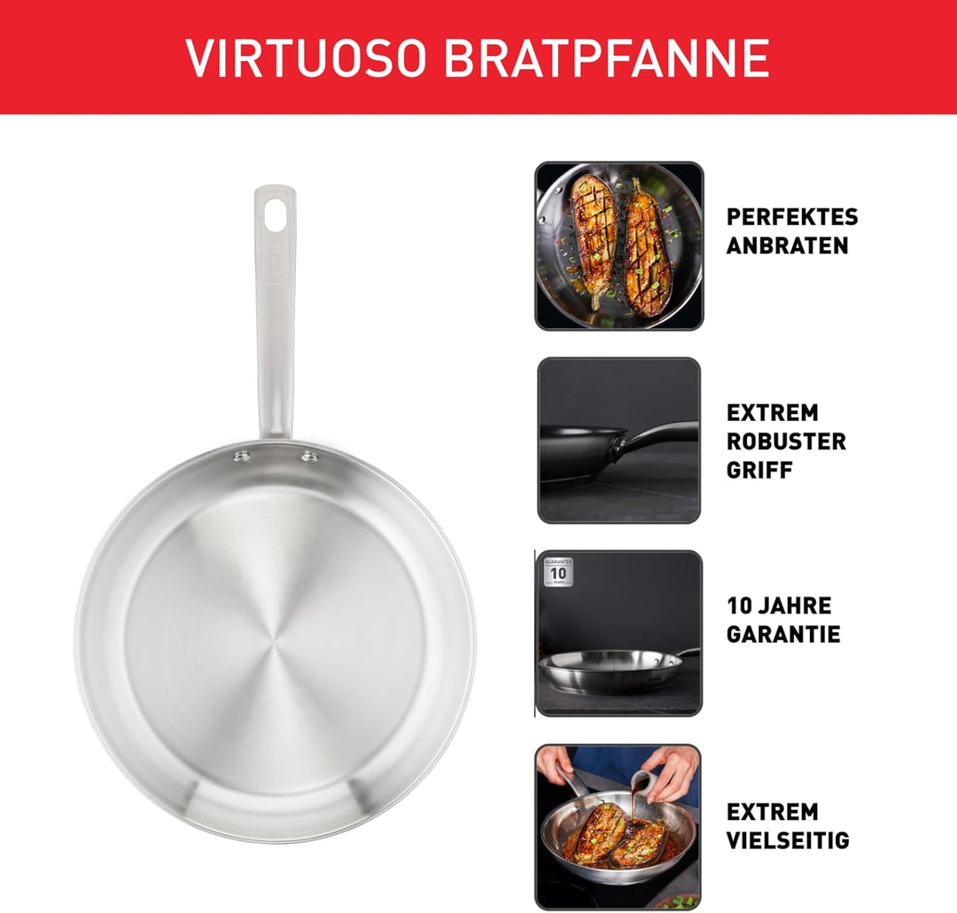Tefal Virtuoso Bratpfanne 28 cm, Edelstahlpfanne unbeschichtet, Pfanne Induktion, langlebig, hochwer