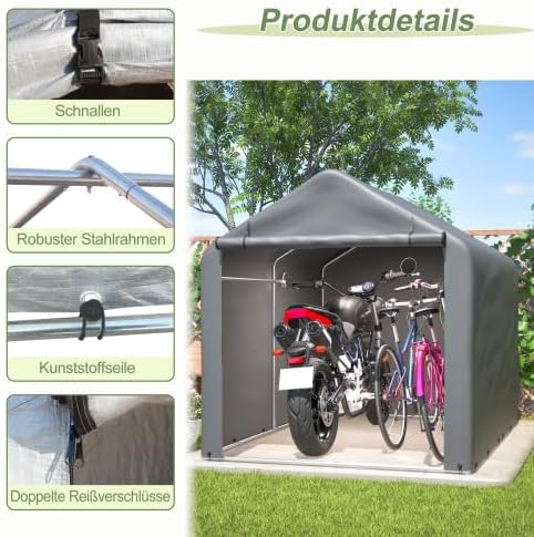 Fahrradgarage mit Rolltor 160x220x165 cm, wetterfester PE-Geräteschuppen, grau, für Fahrrad, Motorra