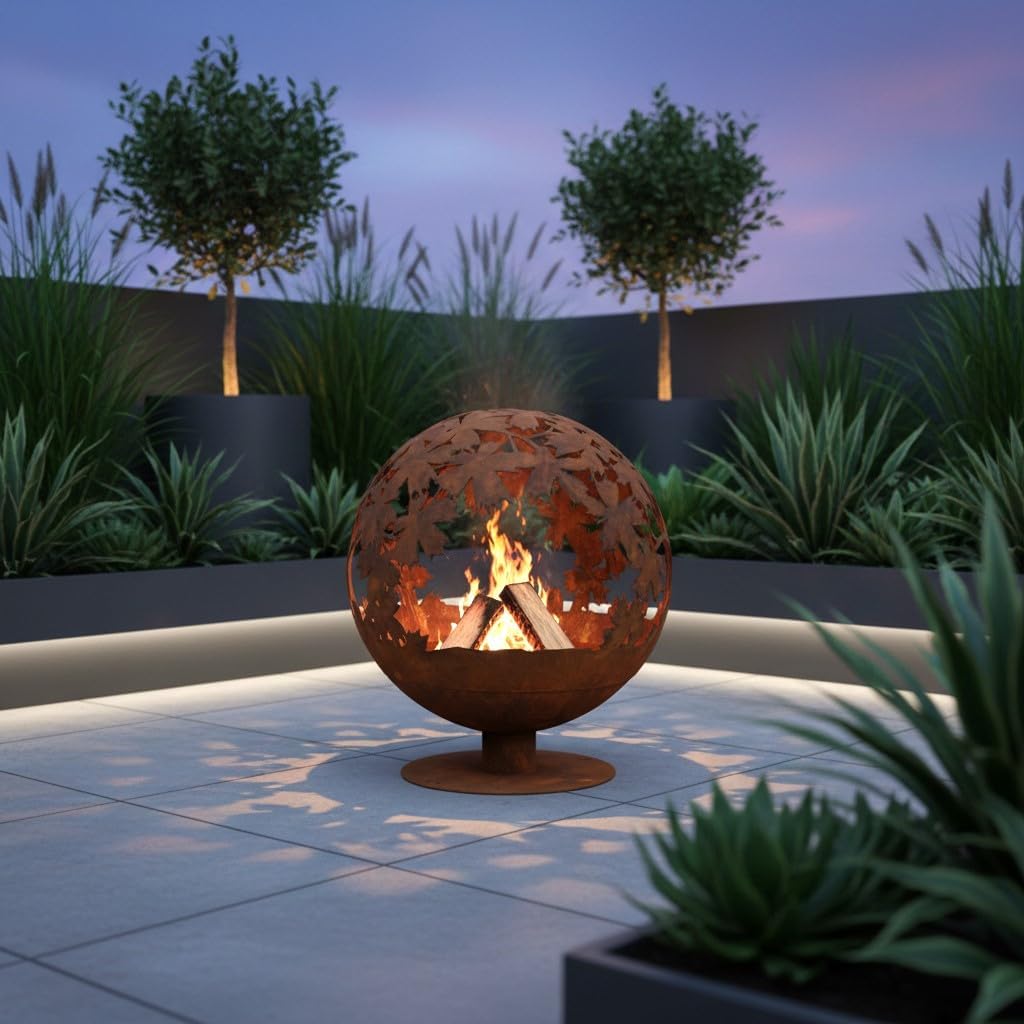 Jet-Line Feuerstelle World Firebowl Kugel in Rostoptik Motiv Blätter 58 x 58 x 66 cm Feuerball Garte