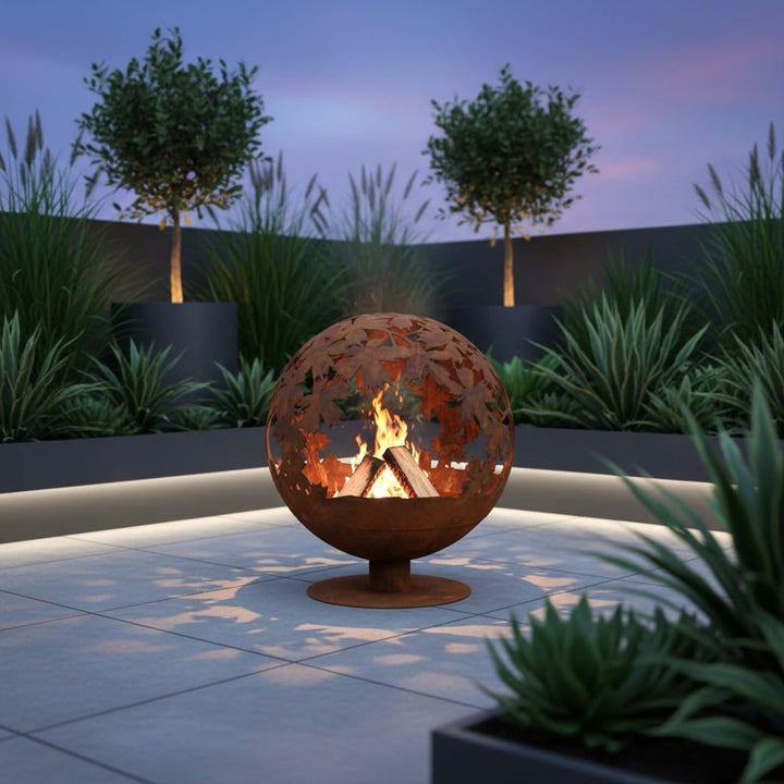 Jet-Line Feuerstelle World Firebowl Kugel in Rostoptik Motiv Blätter 58 x 58 x 66 cm Feuerball Garte