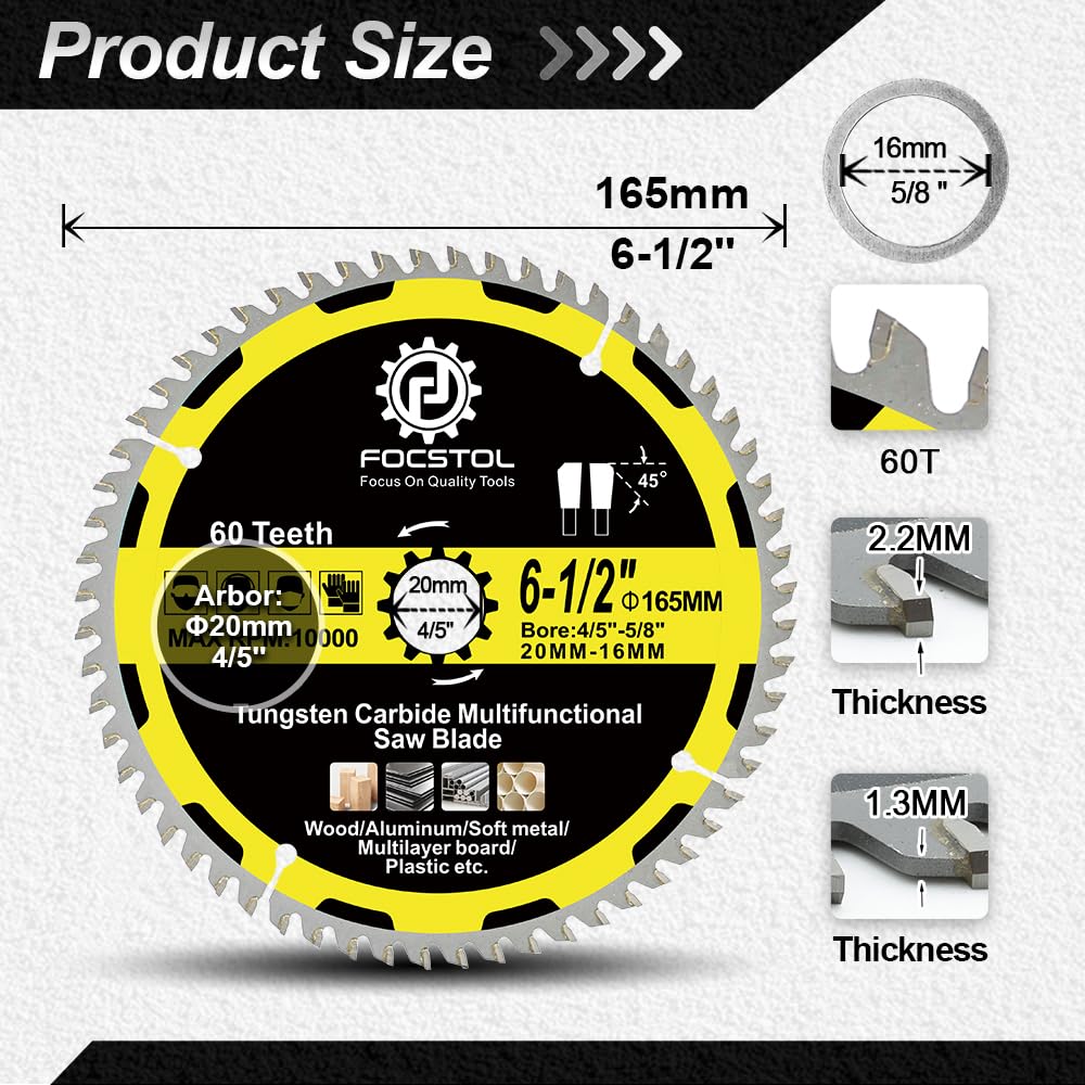 FOCSTOL Kreissägeblatt für Holz 165mm x 20/16mm - Sägeblatt für Holz 60 Zähne zum Schneiden von Kuns