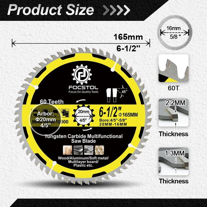 FOCSTOL Kreissägeblatt für Holz 165mm x 20/16mm - Sägeblatt für Holz 60 Zähne zum Schneiden von Kuns