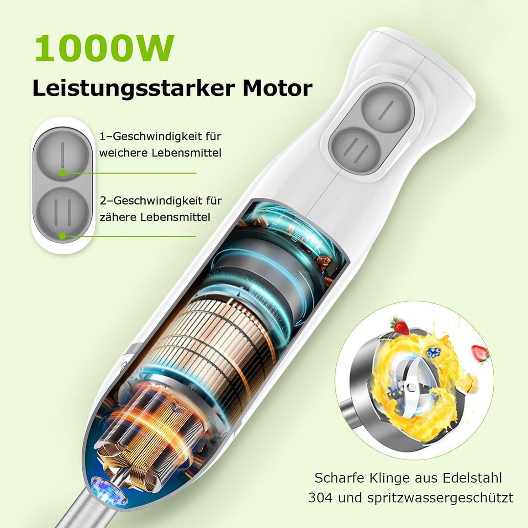 Bonsenkitchen Pürierstab, 1000W Edelstahl Elektrischer Stabmixer, 2 Geschwindigkeitsstufen, Stabmixe
