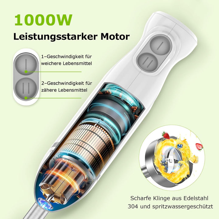 Bonsenkitchen Pürierstab, 1000W Edelstahl Elektrischer Stabmixer, 2 Geschwindigkeitsstufen, Stabmixe