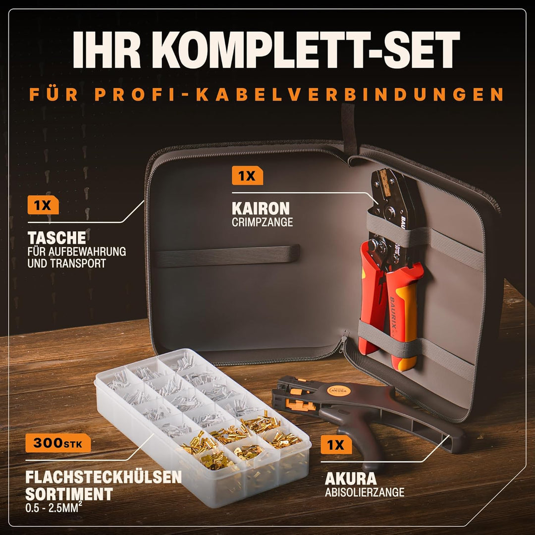 BAURIX® Crimpzange Set mit Abisolierzange & 300 Flachsteckhülsen 0,50–2,50mm² – Elektriker Werkzeug