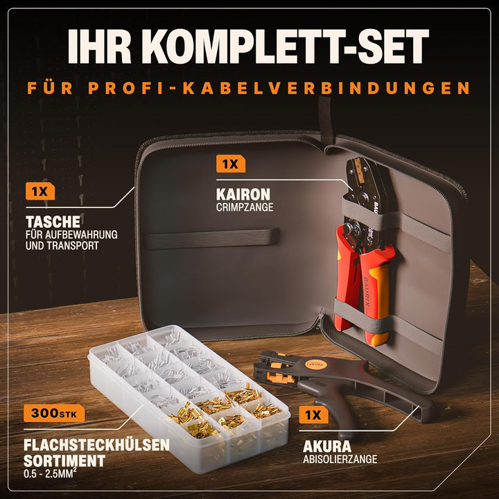 BAURIX® Crimpzange Set mit Abisolierzange & 300 Flachsteckhülsen 0,50–2,50mm² – Elektriker Werkzeug