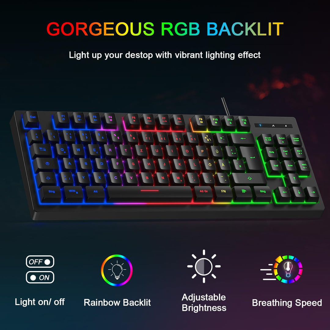 Gaming Tastatur und Maus Set, QWERTZ DE Layout, 75% TKL, RGB Hintergrundbeleuchtete Kabelgebundene T