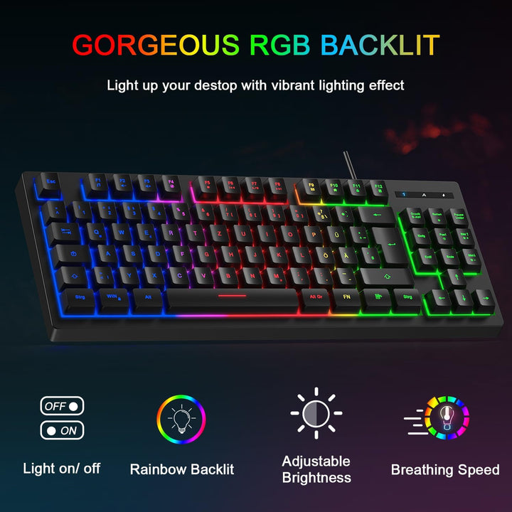 Gaming Tastatur und Maus Set, QWERTZ DE Layout, 75% TKL, RGB Hintergrundbeleuchtete Kabelgebundene T