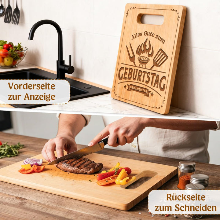 Geburtstagsgeschenk für Männer, Schneidebrett mit Gravur - Alles Gute zum GEBURTSTAG GRILLMEISTER, M