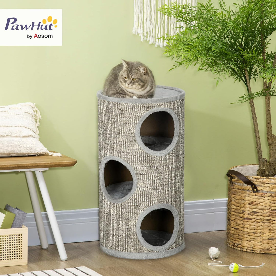 PawHut Kratztonne 70 cm Hoch Ø 38 cm dreistöckige Katzentonne mit Plüschrand, Katzenhöhle, Kratzbaum
