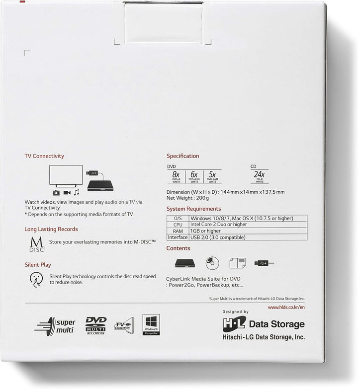 Hitachi-LG GP60 External DVD Drive, Slim Portable DVD Burner/Writer/Player for Laptop, Windows and M
