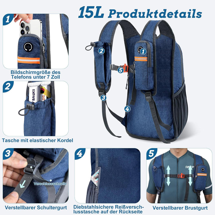 15L Wanderrucksack Herren Kleiner Rucksack Damen Leichter Daypack Tagesrucksack Faltbarer Trekkingru