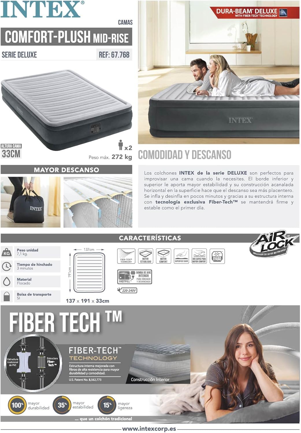 Intex 67768 Eineinhalb Komfort Plüschmatratze, 137 x 191 x 33 cm, grau, mit eingebauter