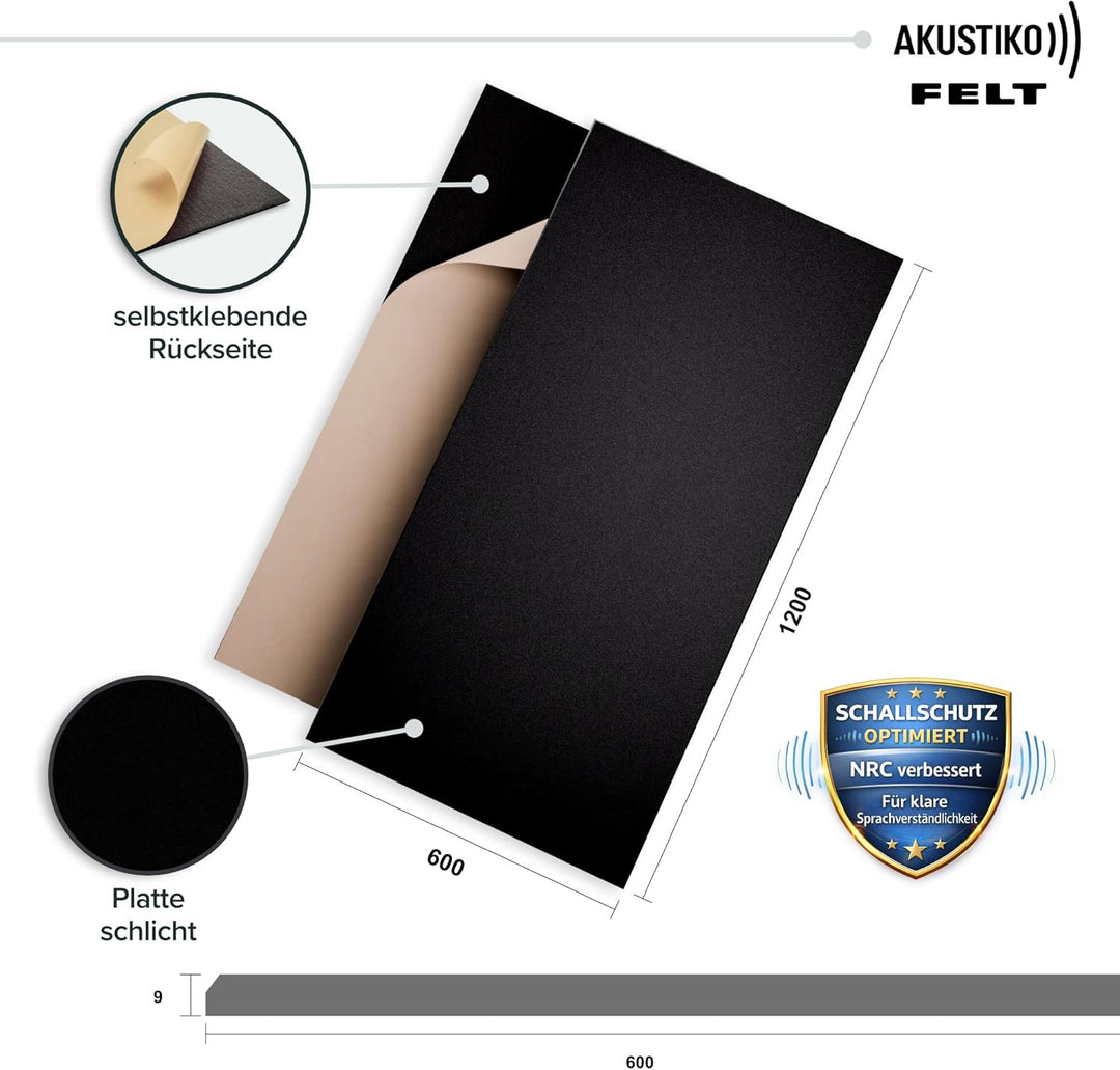 AKUSTIKO Akustikpaneele Selbstklebend 120x60cm - 4 Stück Schwarz Akustik Wandpaneele Schallschutz &