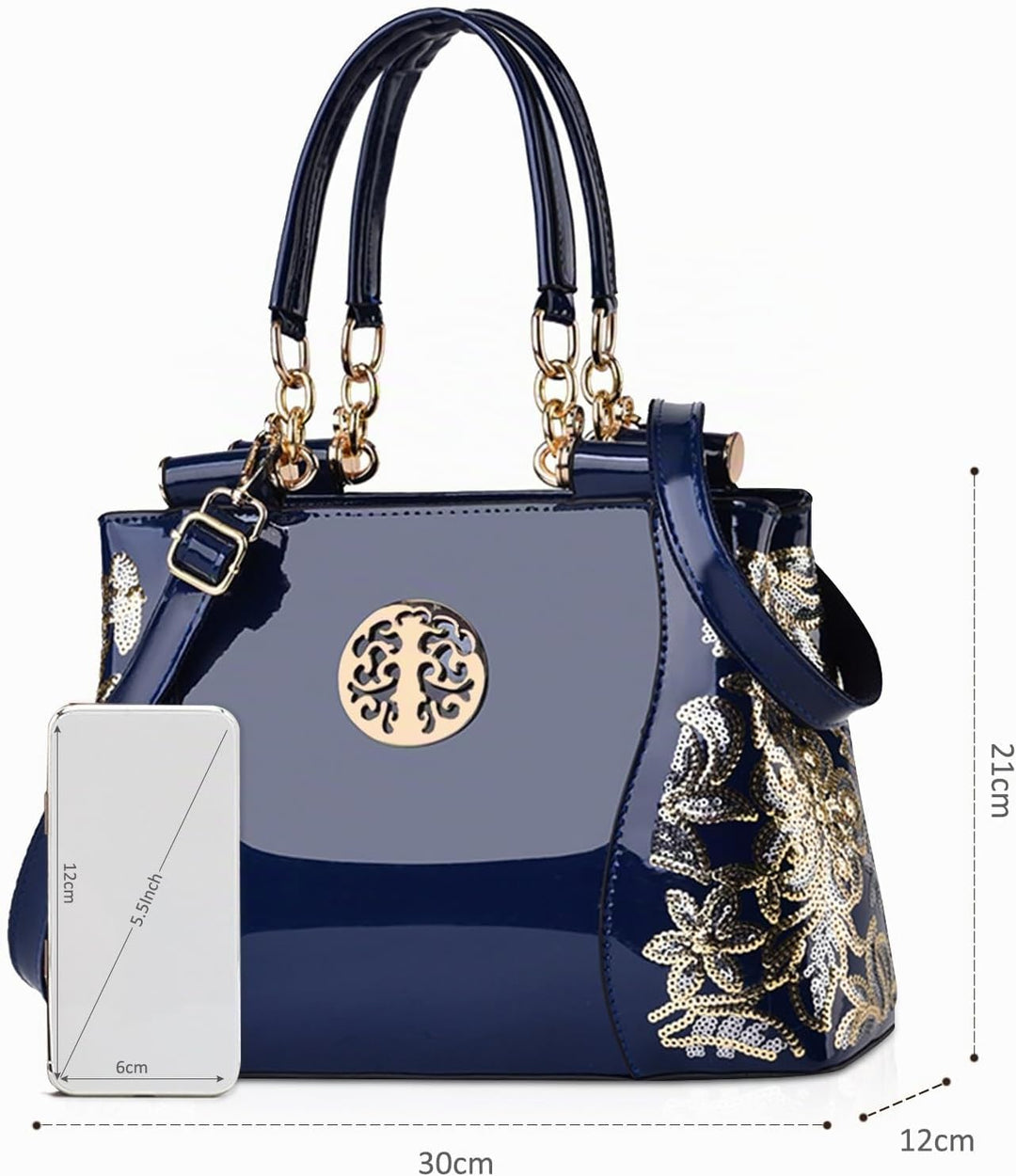 NICOLE & DORIS Damen-Hobo-Tasche aus Lackleder Navy Blau, Navy Blau