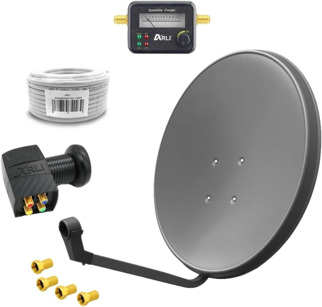 60cm HD Sat Anlage Quad LNB + 50m Koaxialkabel 135dB + Satfinder + 4 F-Stecker Digital 4 Teilnehmer