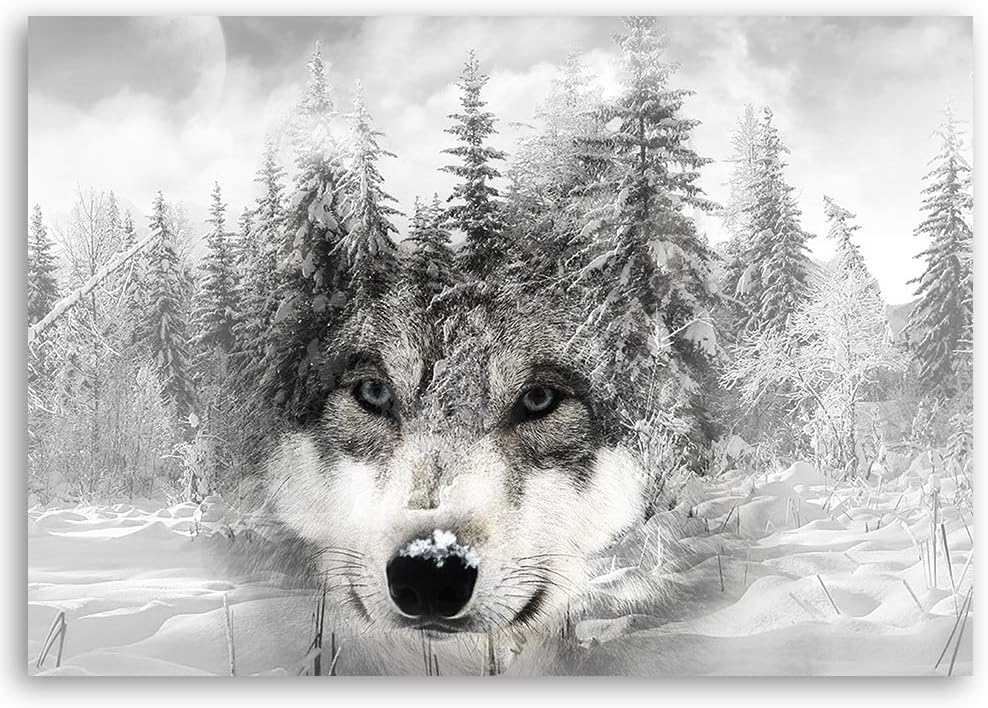 Feeby Wanddeko Wolf Leinwandbild Kunstdruck Winter Weiss 90x60 cm Leinwandbild 90x60 cm Weiss_b, Lei