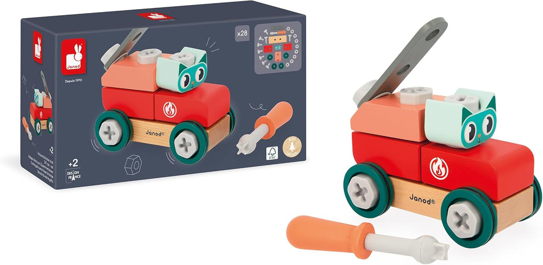 Janod - Mein erstes Konstruktionsspiel - Katzen-Bastelauto - 29 Elemente - Rollenspiel - Fördert Ges