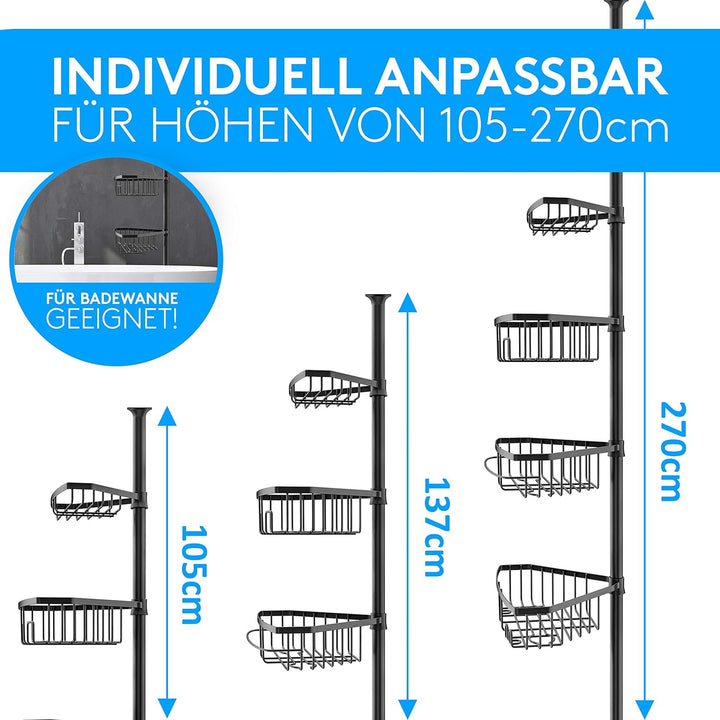 EDELHAND© Teleskop Duschregal Schwarz für Höhe von 105 bis 270 cm - Teleskopregal Bad für Dusche und
