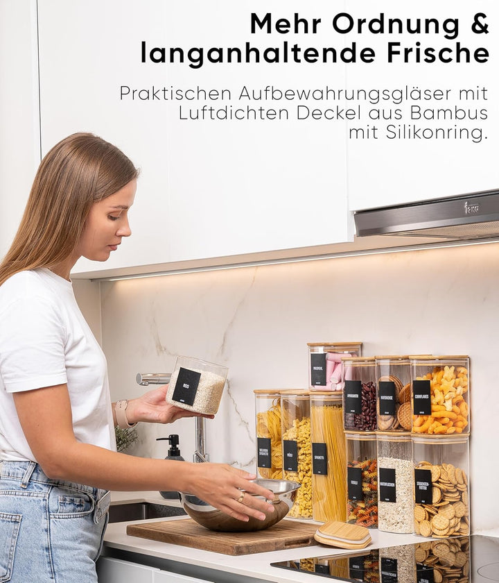 Deco haus® Vorratsgläser mit Deckel luftdicht + Etiketten [6er KOMBI SET] - Für Müsli, Cornflakes, M