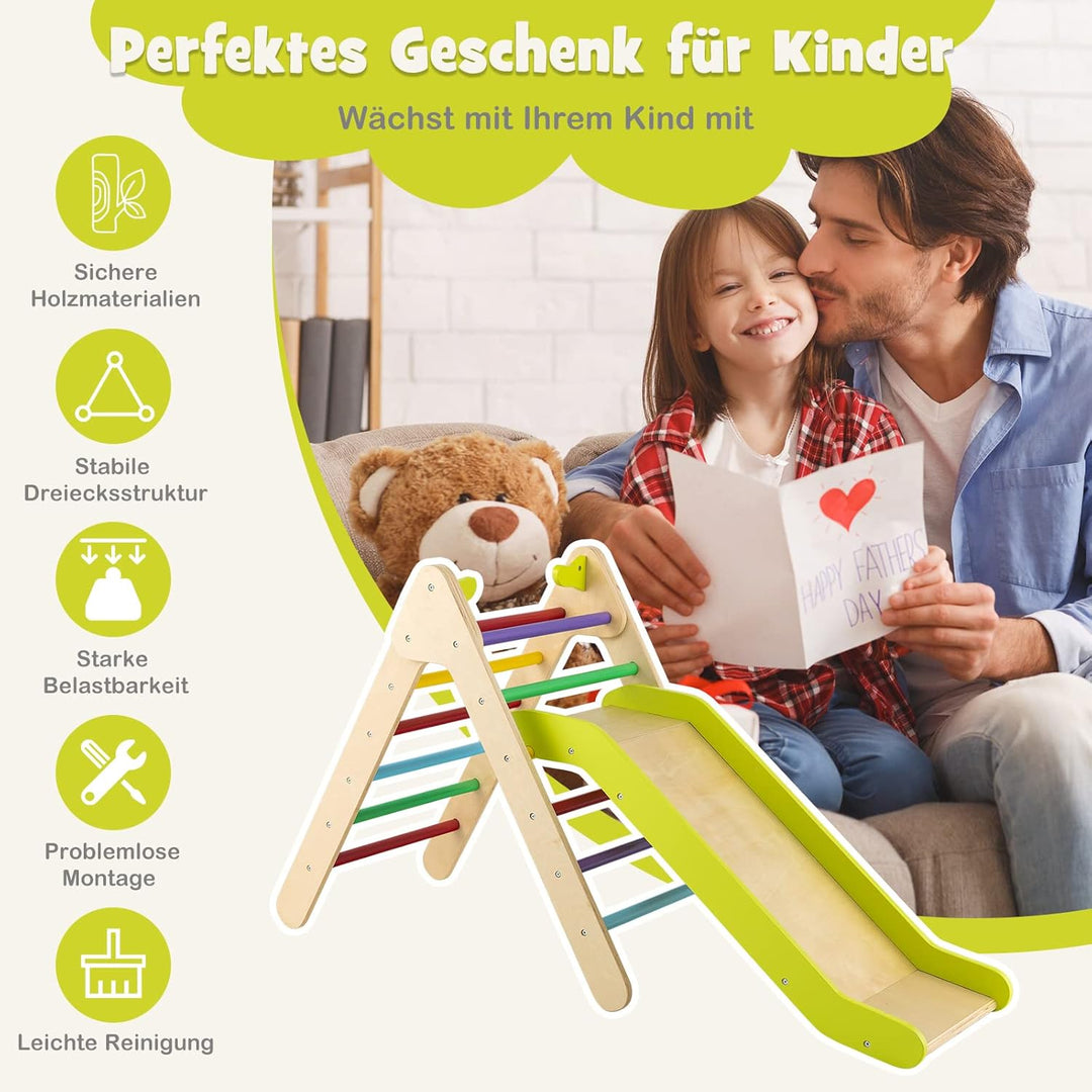 DREAMADE 2 in 1 Kletterdreieck mit Rutschbrett, Indoor Klettergerüst, Holzdreieck Sprossendreieck Kl