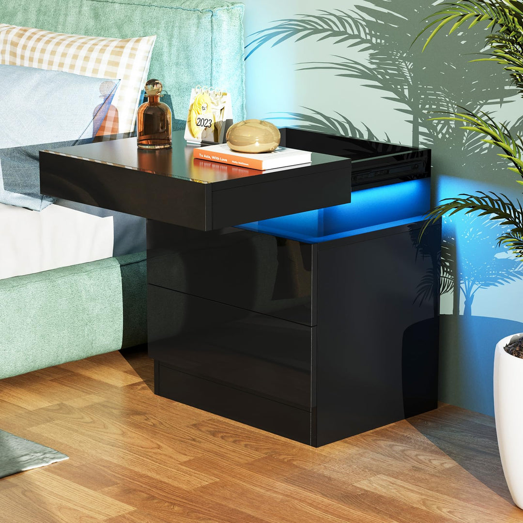 Nachttisch Schwarz mit Led Licht, Nachtschrank, Nachtkommode mit 2 Schubladen und Schränke mit Klapp