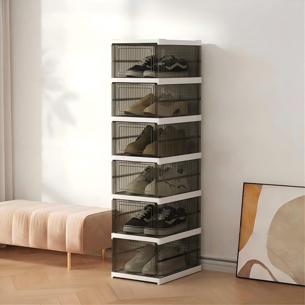 Schuhboxen Stapelbar, 24 Ebenen, Transparent, Faltbar, Dickem Kunststoff, für Sneaker bis Grösse 46,