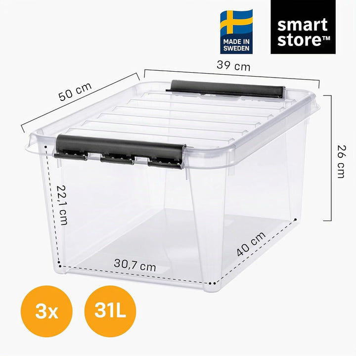 SmartStore ﻿aufbewahrungsbox mit deckel, 32 l, 3er-Pack, verstärkt, gross, transparent, für Lebensmi