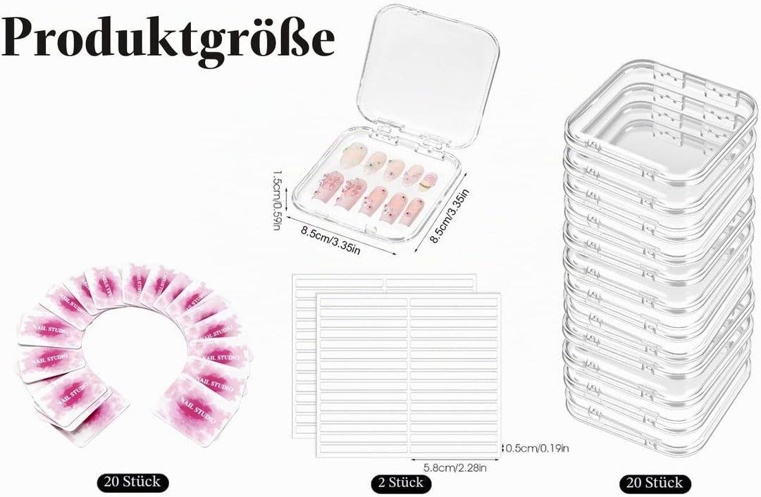 fafzms 20 Stück Nagelaufbewahrungsbox Organizer (8.5x8.5cm) + 60 Stück Verbessertes Doppelseitiges K
