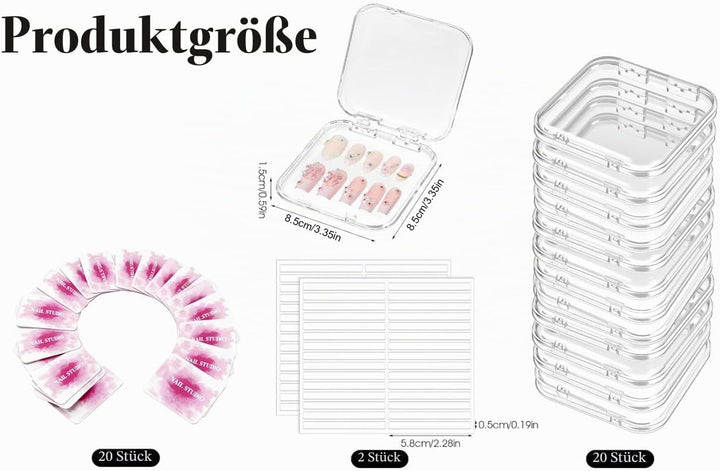 fafzms 20 Stück Nagelaufbewahrungsbox Organizer (8.5x8.5cm) + 60 Stück Verbessertes Doppelseitiges K
