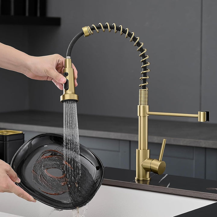 Gebürstete Gold-Küchenarmatur, AIMADI Küchenarmaturen mit herausziehbarem Sprüher, Einzelgriff, Einl