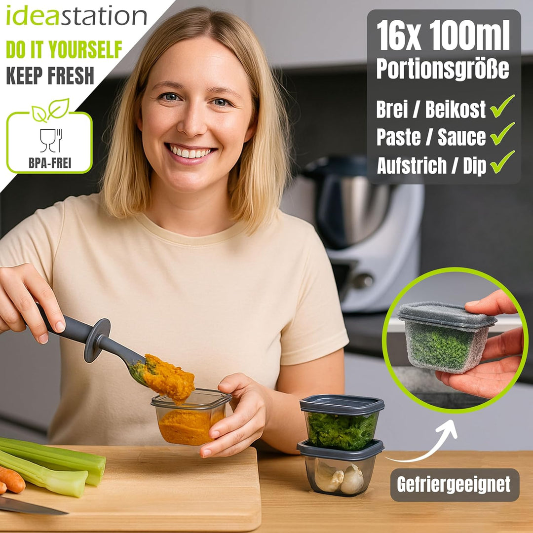 idea-station Gefrierdosen klein 16 x 100 ml - anthrazit - BPA-freie mini Vorratsdosen mit Deckel - b