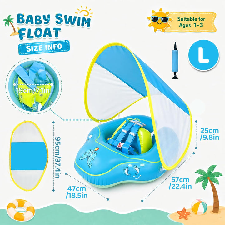 Baby Schwimmring mit Sonnendach, Schwimmring Baby ab 3 Monate, Aufblasbarer Baby Swim Float mit Sich