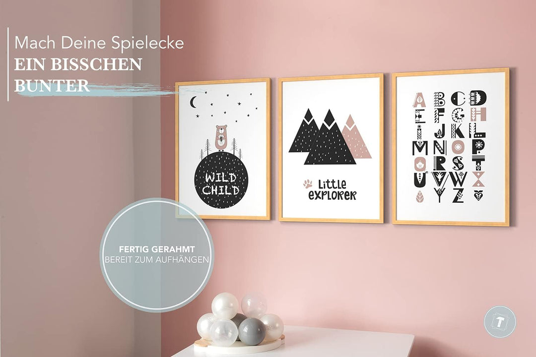Papierschmiede® Kinderbilder 3er Set, A3 gerahmt in Holzrahmen (schwarz), Geschenk für Jungen &amp; Mädc