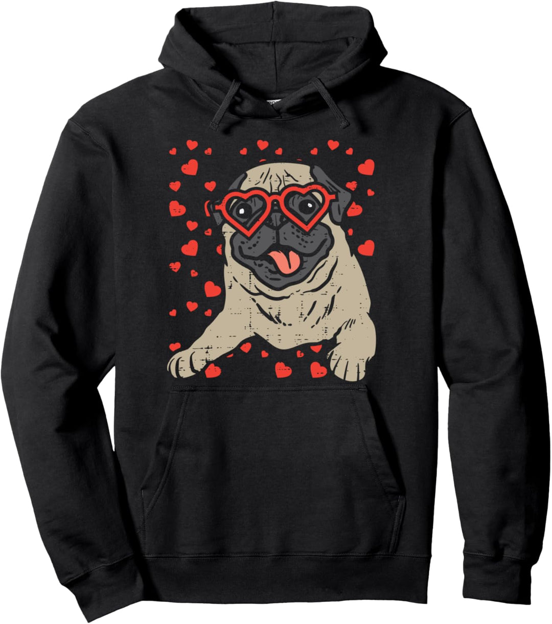 Heart Glasses Pug Cute Valentines Day Dog Lover Owner Gift Pullover Hoodie