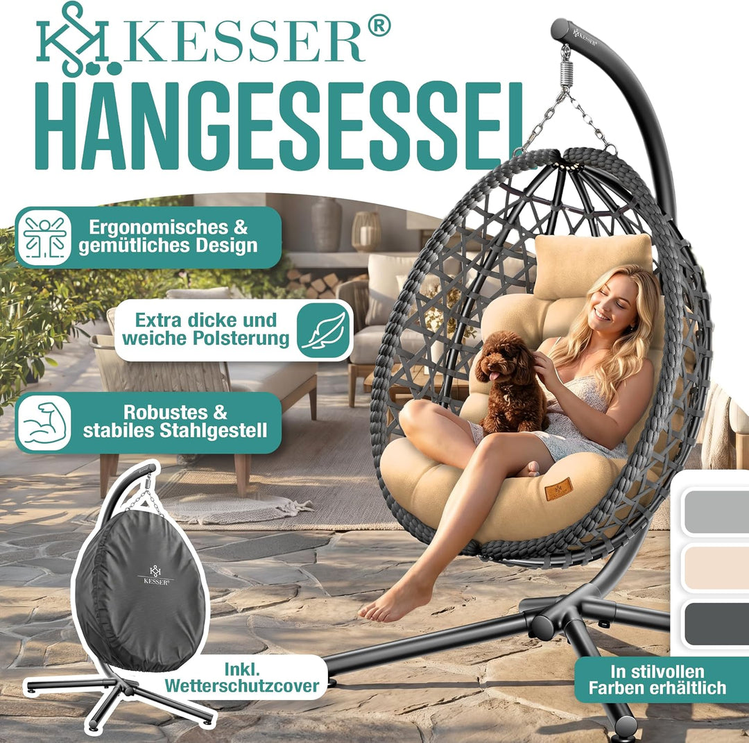 KESSER® Hängesessel mit Gestell Outdoor Indoor Schaukelstuhl Polyrattan 360° 150kg Tragkraft inkl. P