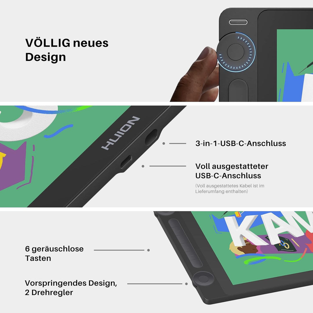 HUION Kamvas 16 Gen 3 2,5K QHD Grafiktablett mit Display, 15,8 Zoll Zeichentablett mit Entspiegeltem