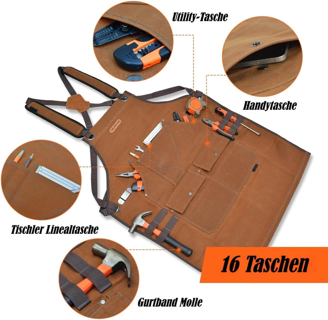 WELKINLAND Werkzeugschürze aus gewachstem Segeltuch mit 16 Taschen, robuste Holzbearbeitungsschürze,