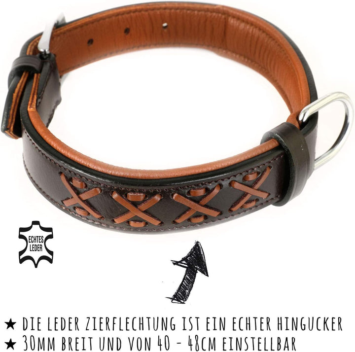 Monkimau Halsband für Hunde aus echt Leder mit Zierflechtung gepolstert verstellbar L 40-48 cm M: 30