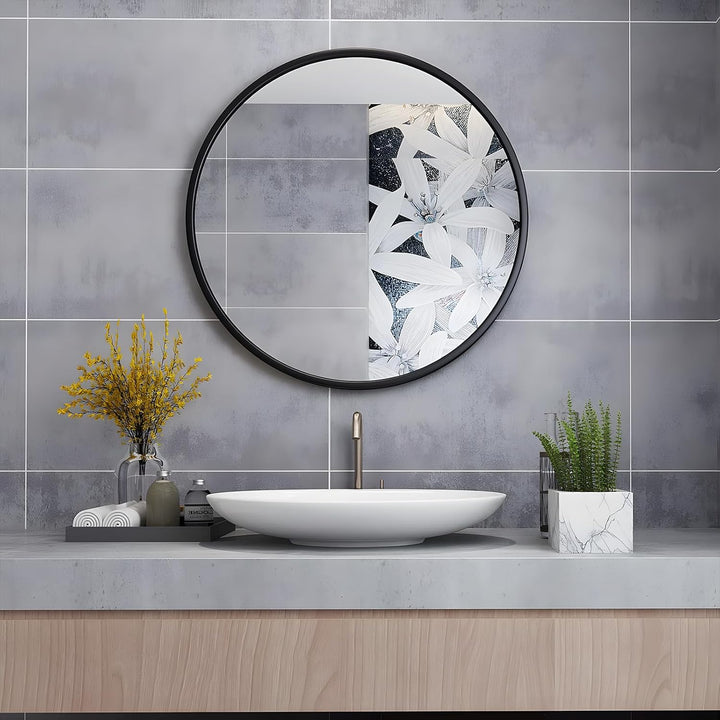 MIQU Badezimmerspiegel 50 x 50 cm Badspiegel ohne Beleuchtung Rund Spiegel Schwarz Metallrahmen Wand