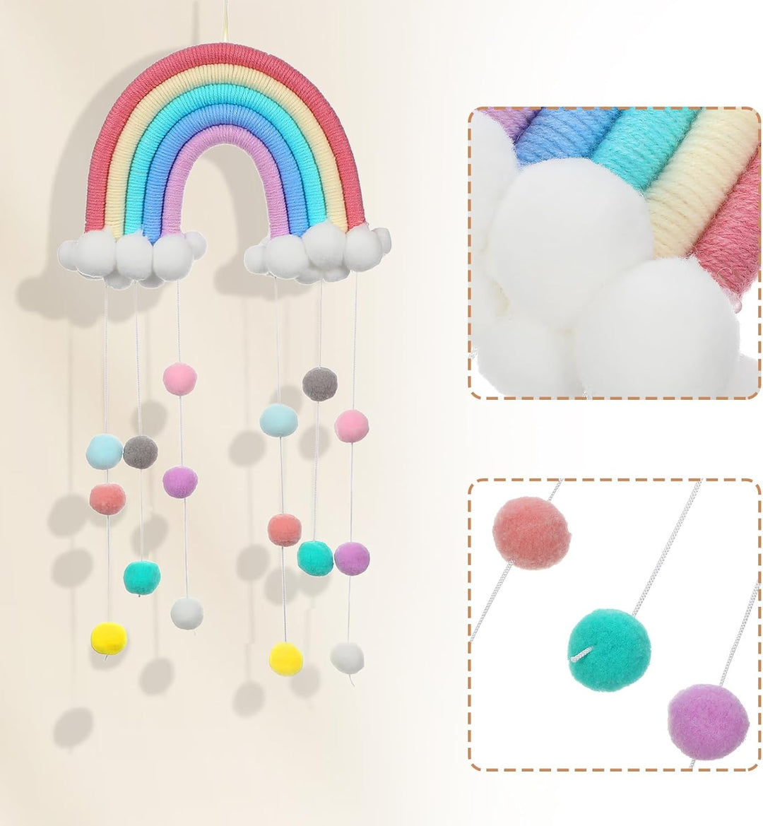 WINOMO Holz Baby Mobile Babybett Windspiele Hängende Wolken Regentropfen Makramee Regenbogen Boho Qu
