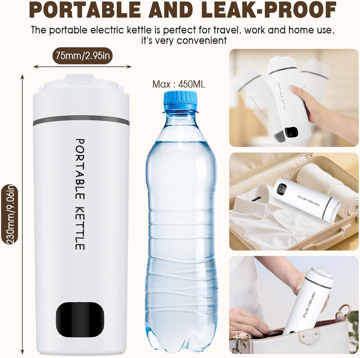 Reise Wasserkocher Klein, 450ML Miniwasserkocher, 304 Eeldstahl Reise Schnelles Kochwasser mit 6 Tem